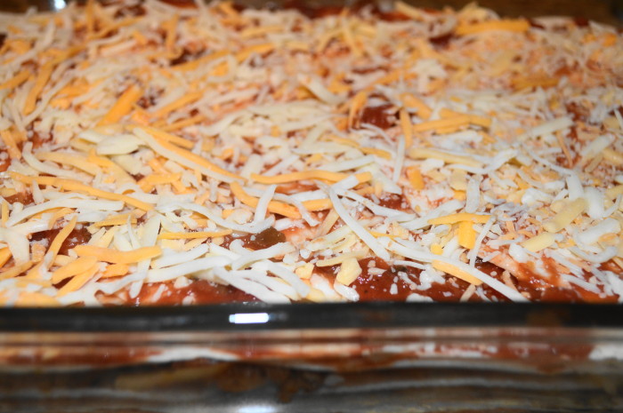 The assembled Mexican lasagna looking mighty tasty already!