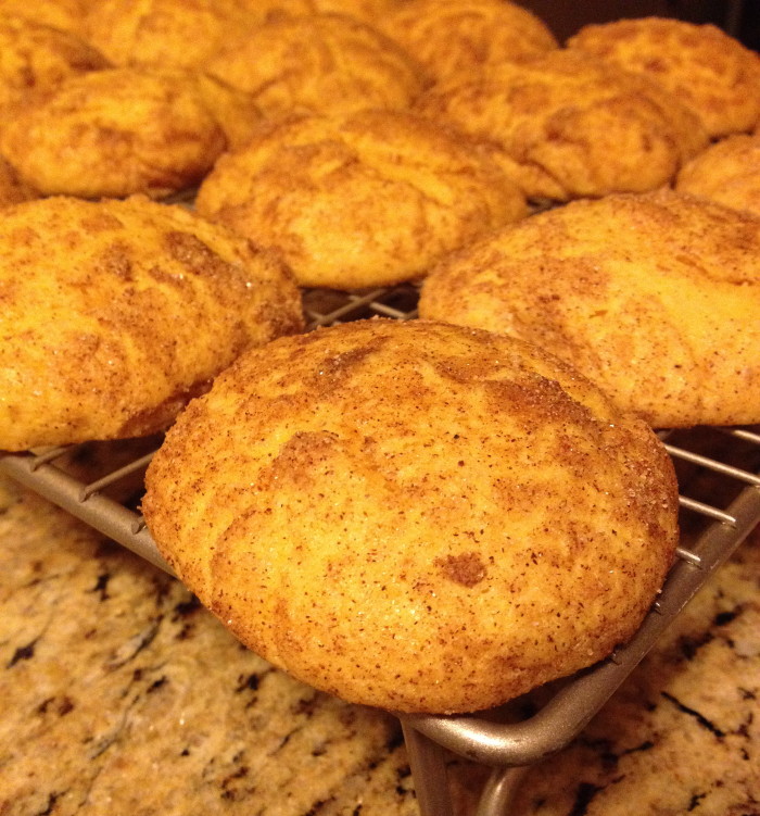 The pumpkin spiced snickerdoodles looking gorgeous and golden, cooling on the rack. 