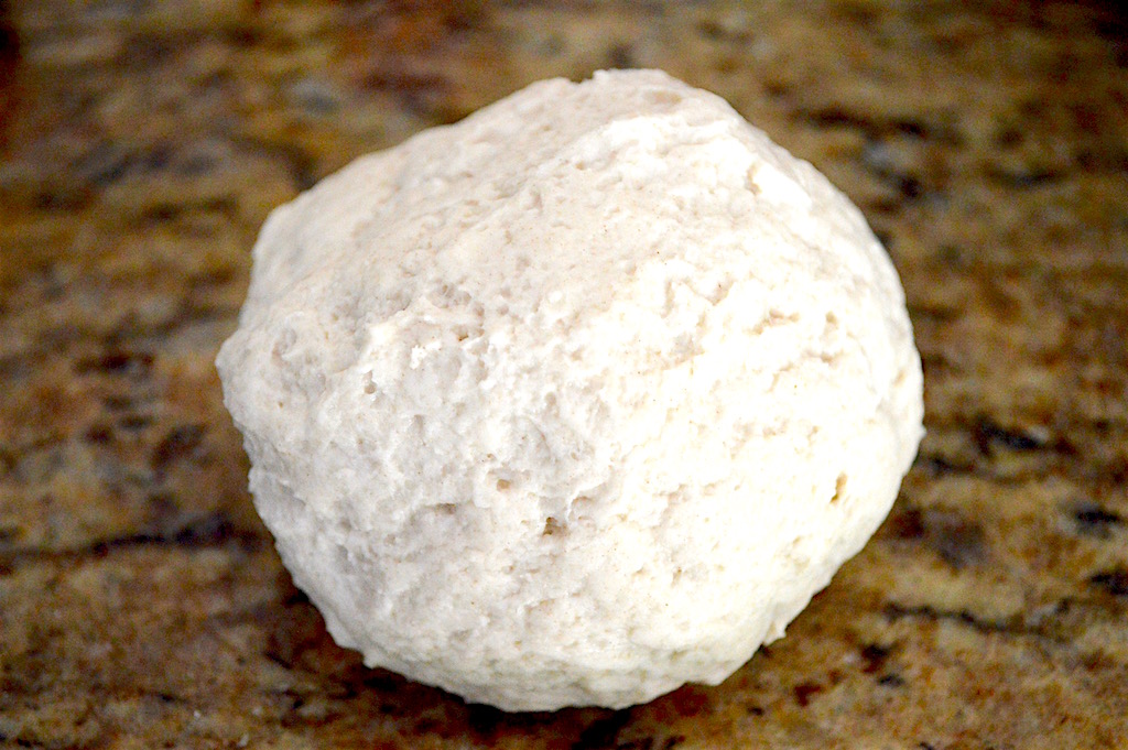 The dough for the Chinese scallion bread was an easy mixture of flour, salt, baking powder and water. It came together so easily in my food processor! Then I just brought it together into a lovely, smooth ball.