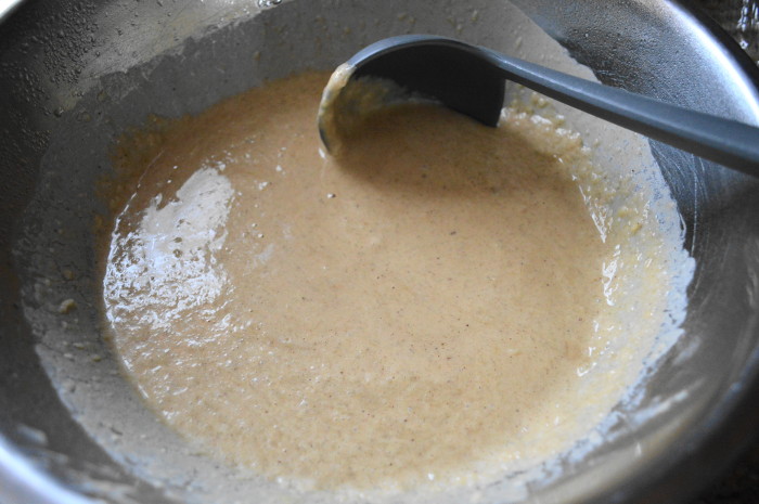 The batter for the brown butter spiced Belgian waffles all combined. 