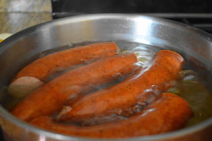 The ring of kielbasa, quarted and boiling for 40 minutes. No need to do anything more to it than that!
