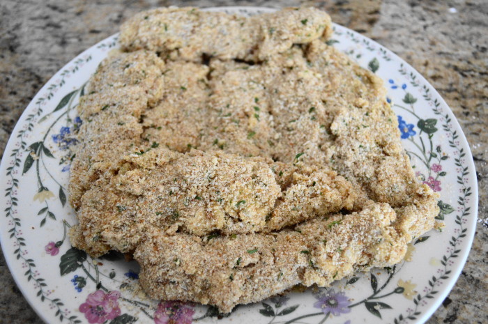 The breaded chicken tenders. Letting the breading set in the refrigerator keeps the coating on better!