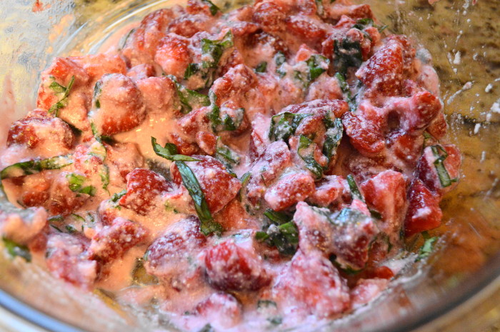 The creamy strawberry, ricotta and basil casserole mixture. 