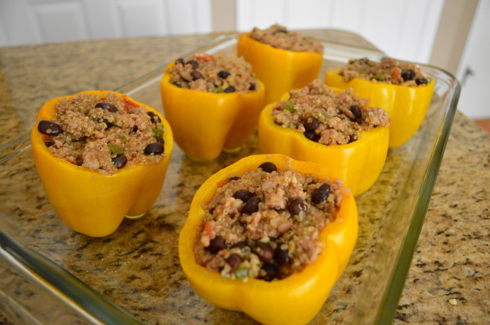 The gluten free stuffed peppers ready to bake!