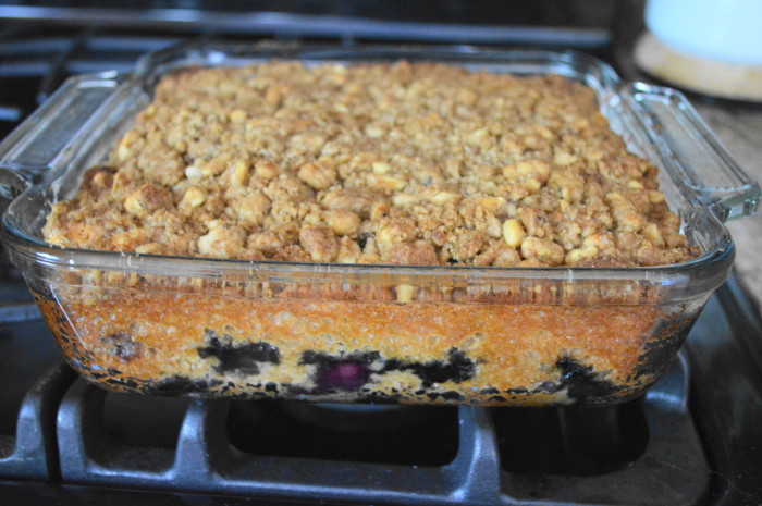 The blueberry mascarpone crumb cake, gorgeously golden out of the oven. 