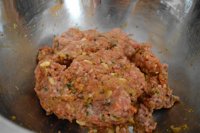 The lamb meatball mixture for the lamb meatball pitas all combined. 