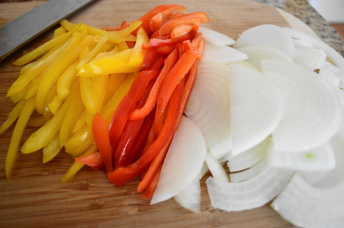 The prepped veggies for the sausage, pepper and onion pasta bake!