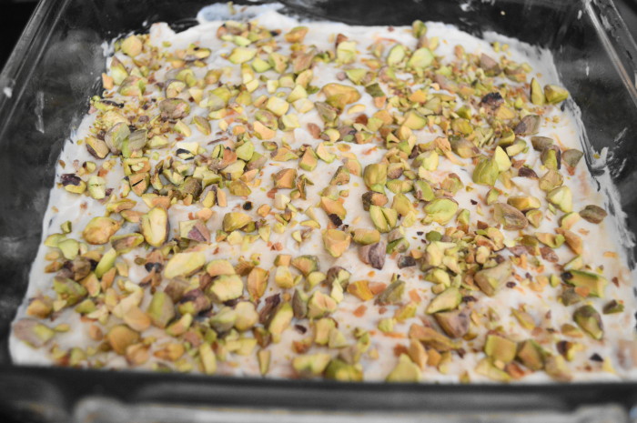 The fully assembled goat cheese, apricot and pistachio squares. 