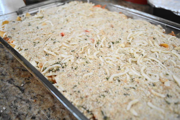 The sausage, pepper and onion pasta bake all assembled and ready for the oven!