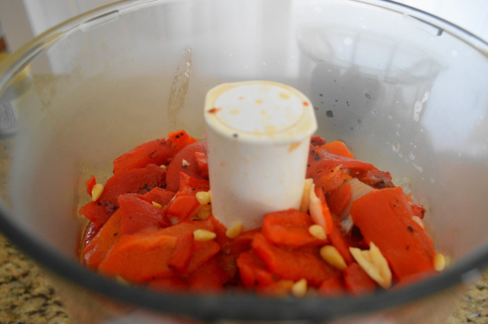 The main ingredients for the smokey roasted red pepper pasta in the food processor. This is about as challenging as this dish gets! 