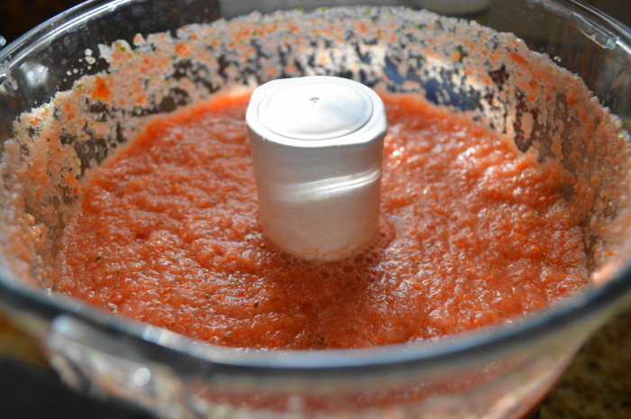 The fresh tomatoes, carrots, celery, onions, garlic and basil pureed to form the base of the spaghetti bolognese! 