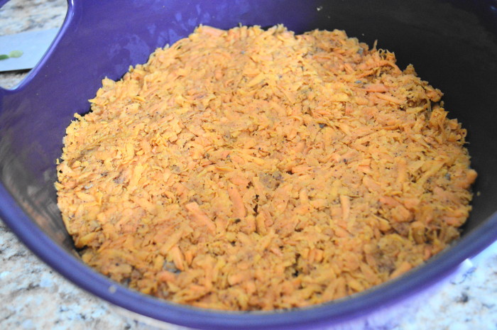 The bottom sweet potato layer of the sausage sweet potato casserole.