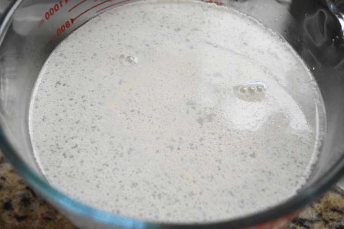 The warm water and yeast mixture bubbling and coming alive for the homemade pizza dough. 
