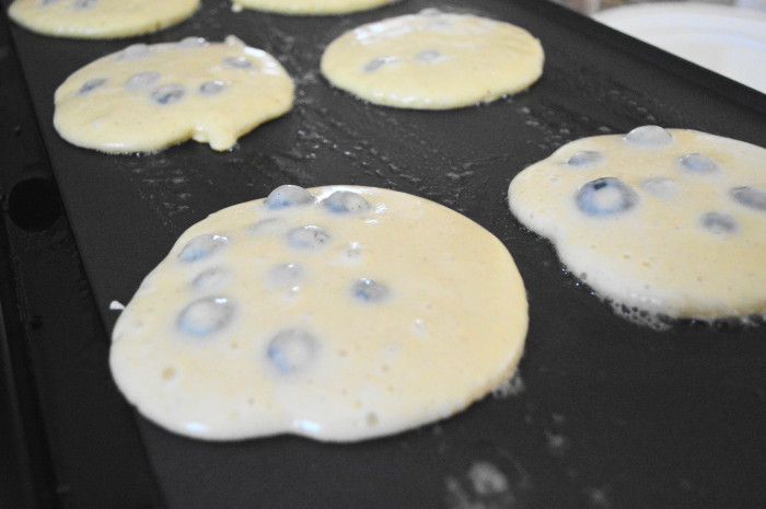 The blueberry mascarpone pancakes cooking away on our trusty griddle.