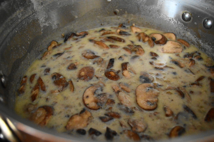The creamy mixture for the wild mushroom gratin. 