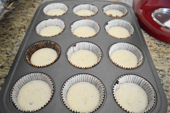 The lavender mascarpone mini cheesecakes ready to bake.