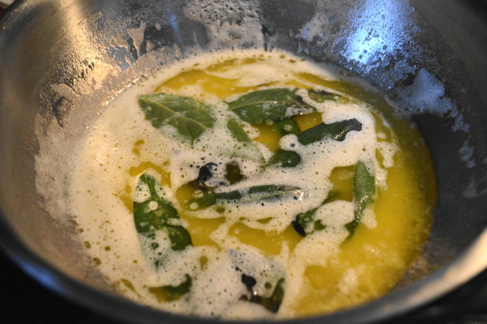 The sage, butter and white wine sauce ready to steep. It is the most incredible sauce for the fresh pumpkin ravioli!