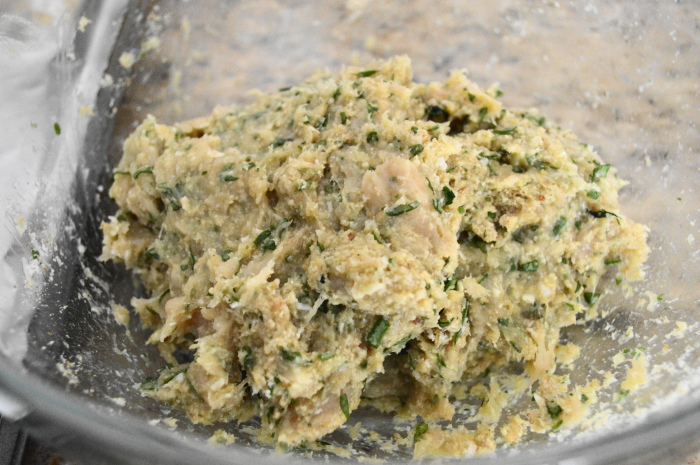 The amazing mixture for the asiago spinach chicken meatballs all put together. 