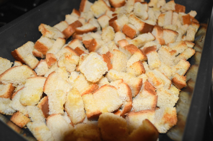 The cubed and toasty bread is the base for this incredible sausage stuffing. 