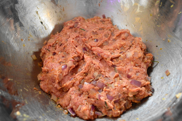 The meaty lamb mixture for the lamb burgers all combined. 