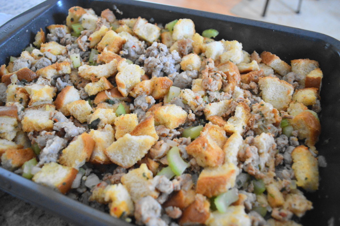 The sausage stuffing ready to sit in the refrigerator overnight.
