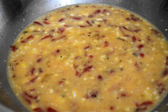 The egg mixture for the Mediterranean frittata. 