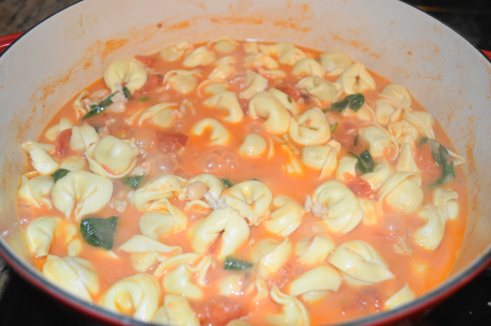The creamy chicken tortellini cooking away and smelling glorious!