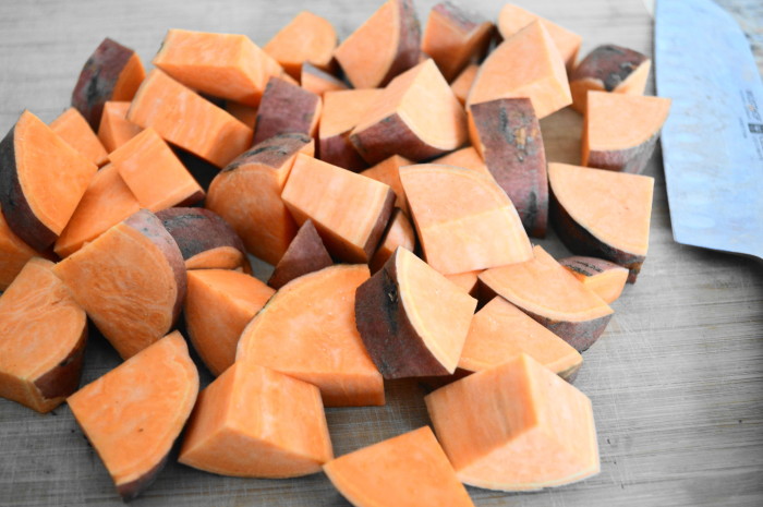 Yummy sweet potatoes all prepped and ready to become glorious parmesan balsamic roasted sweet potatoes. 