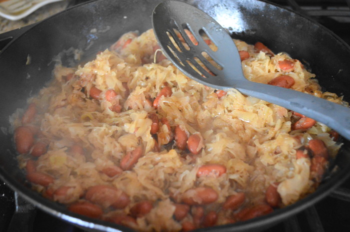 This beans and sauerkraut mixture is the most amazing side for the pan fried pork chops. 