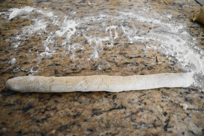 This is how the long, thin log of sweet potato gnocchi dough should look before you cut it. 