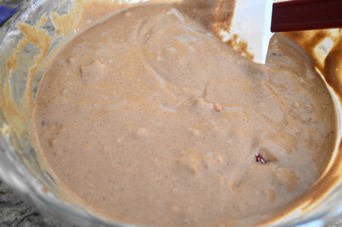 This batter for the chocolate strawberry almond pancakes is seriously so luscious.