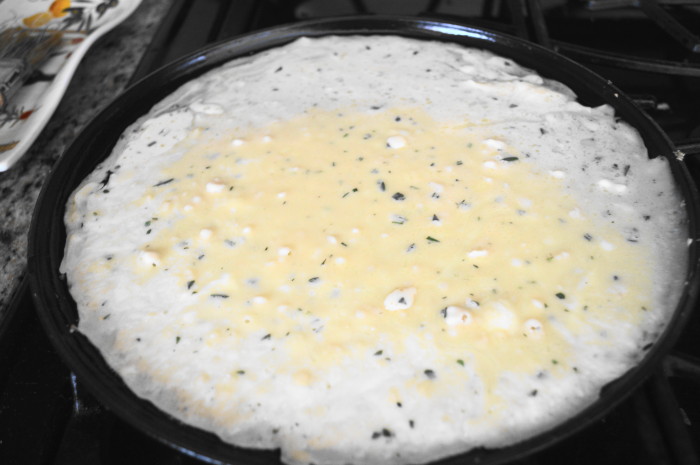 The bottom of the pan coated in the batter just enough to make beautifully thin and tender savory herb crepes.