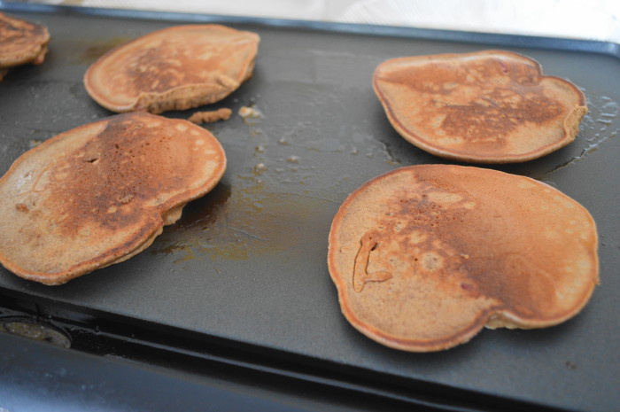 The chocolate strawberry almond pancakes became gorgeously golden and puffy on the griddle!