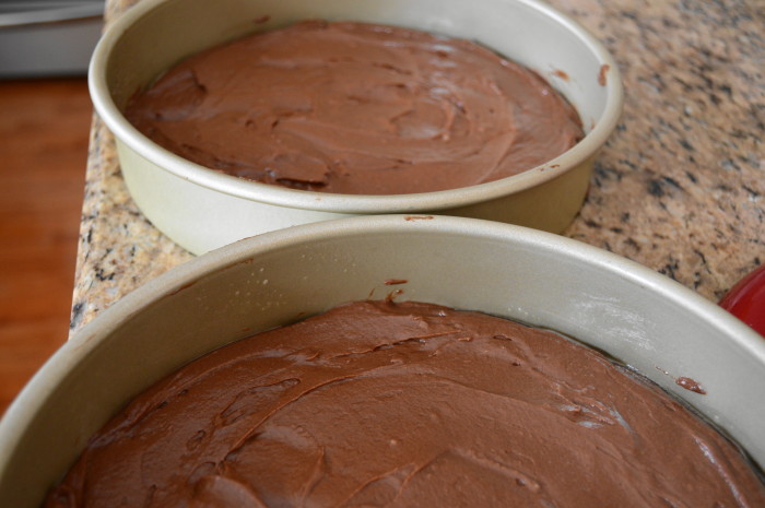 The lovely layers of the Guinness chocolate cake all smoothed out and ready to go into the oven! 