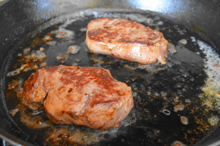 The steakhouse filet mignon developed a gorgeous crust in the pan. 