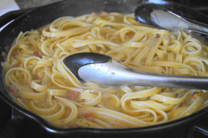 The sauce went back into my pan and I tossed it well with my crispy pancetta and cooked fettuccine.