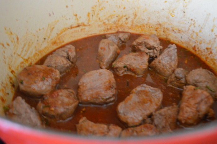 I let the beef in wine sauce simmer for an hour. It made the beef so incredibly tender!