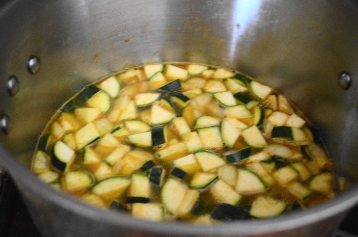 The cream of zucchini soup did not take long at all to simmer! Just enough to cook the zucchini completely through. 