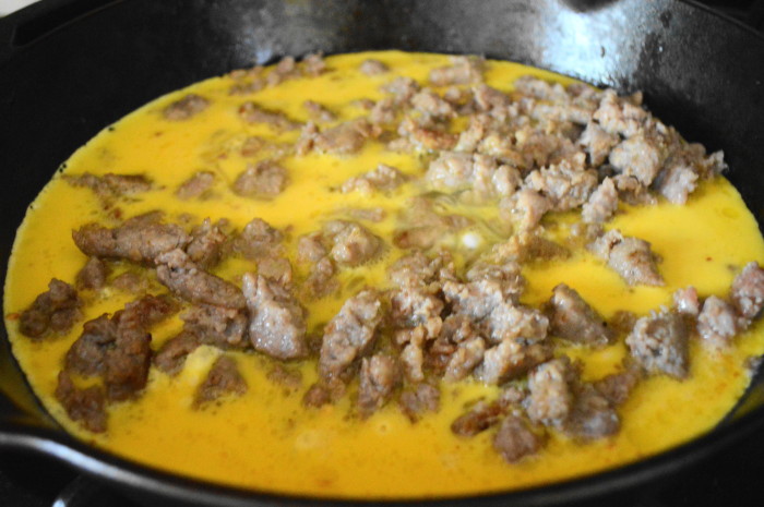 While the eggs bubbled, I stirred them around while they cooked into a gorgeous sausage cheddar scramble. 