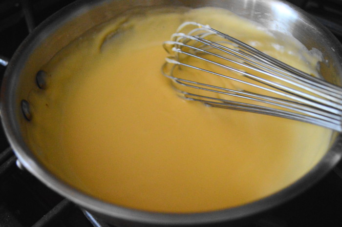 This cheddar sauce just had a base roux of flour and butter. Milk went in and it thickened for just a few minutes. Then the cheddar went in and it was done! Such a perfect topping for the chili corn cake ham sandwiches. 