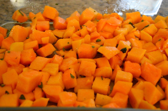 Roasting the butternut squash was simple and scrumptious! I tossed it with lots of chopped sage, salt and olive oil. Then it just went into my oven for 30 minutes!