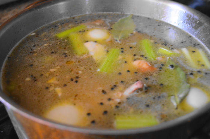 Then it was time to get the homemade chicken stock cooking. I browned my chicken carcass for a couple of minutes to really bring out its flavor. The aromatics went in with it just to soften and become fragrant. After that, I just added water, bay leaves salt and whole black peppercorns.