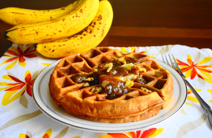 Banana Waffles with Banana Bourbon Sauce