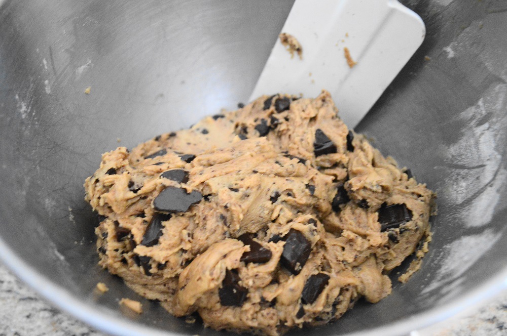 Once those two ingredients were prepped, the dough for the brown butter chocolate chunk cookies came together in minutes! My self control was sorely tested, I could have "tested" most of that bowl right then and there, ha! It was looking so good already.