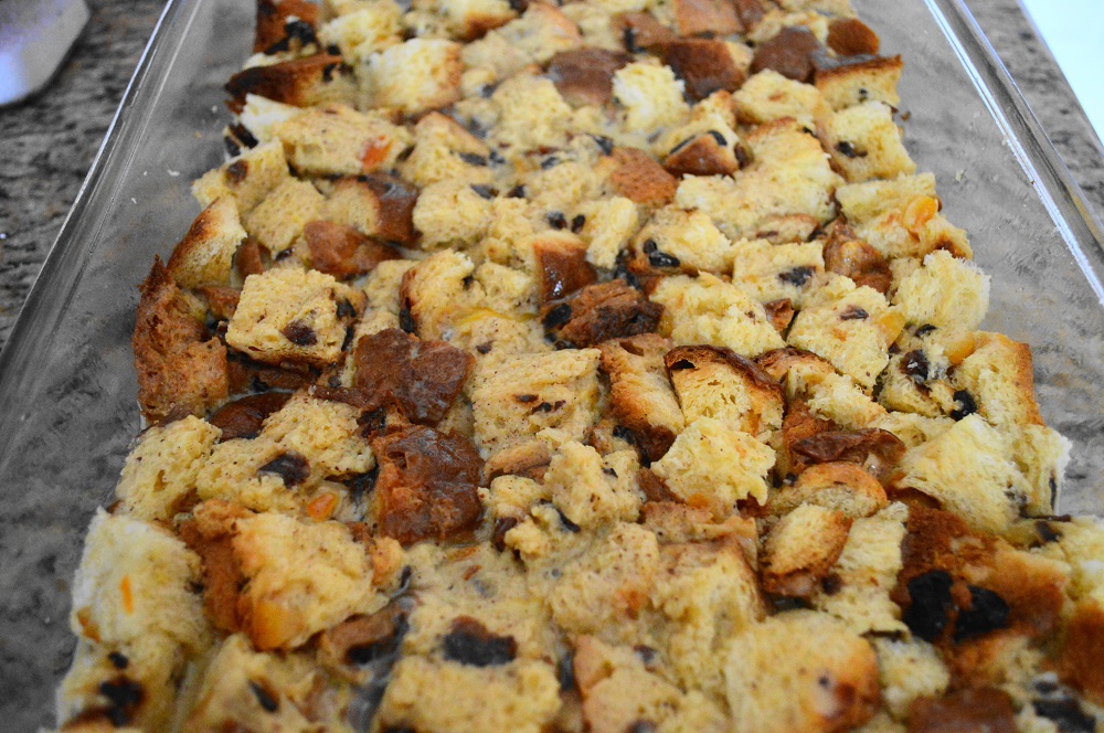 I poured that luscious custard all over my cubed panettone and made sure all of it was soaking together. Then I let it sit in the refrigerator overnight. That was the beauty of this panettone French toast casserole! I was able to make it ahead of time for an easy morning. 