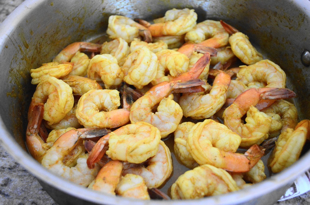 I cooked the shrimp in the spice blend, then added lemon juice, lemon zest, Sriracha and cognac. I gave the cognac a couple of minutes in the pan to let the alcohol cook off, and the Moroccan style shrimp was ready!