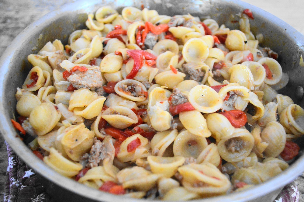 The turkey sausage and fennel orecchiette really came together quickly! After I browned the sausage, I softened the veggies and added red wine for everything to simmer in. My cute orecchiette were boiling at the same time and went right into the pot with the sauce when it was done. 