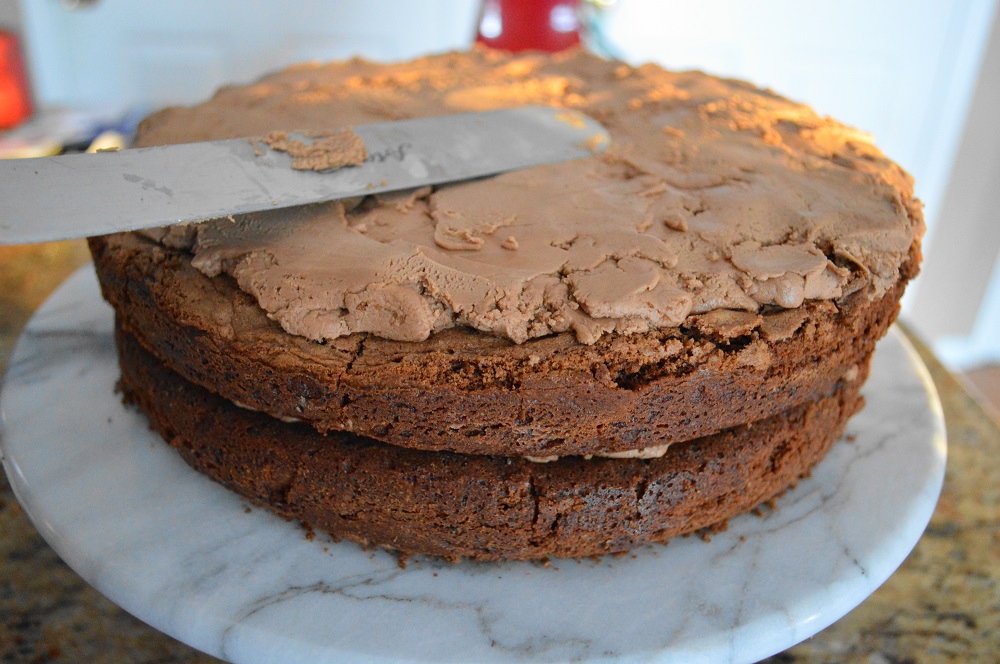 The cake and frosting were so decadent that I thought frosting the whole thing would be too much. I only spread frosting between the two layers and on top. 