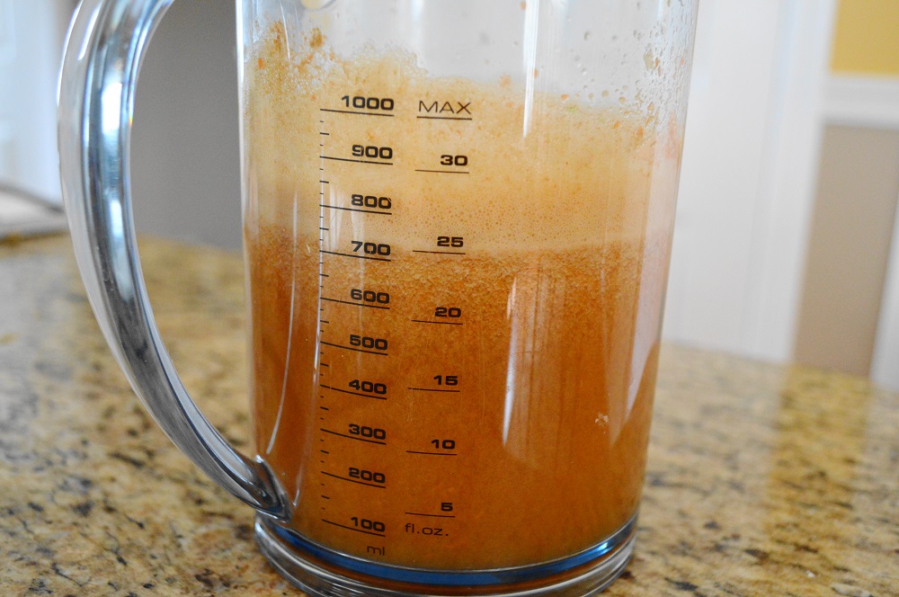 I made sure to cut everything small enough to fit through the feed tube of my juicer. Nothing needed to be peeled or seeded though! It took care of that for me! It all just went right into the pitcher to become the gorgeous, combined veggie fruit juice. 