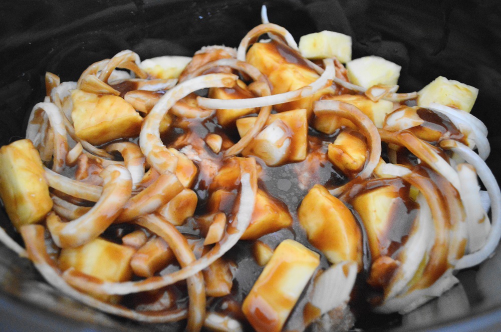 I added sliced onion and lots of pre-cut pineapple on top of the meatballs. The final touch was the incredible sauce. It was a mixture of hoisin sauce, duck sauce, sesame oil and pineapple juice. I love how Hawaiian food is influenced by Asian cuisine but still has its own very distinctive vibe! 